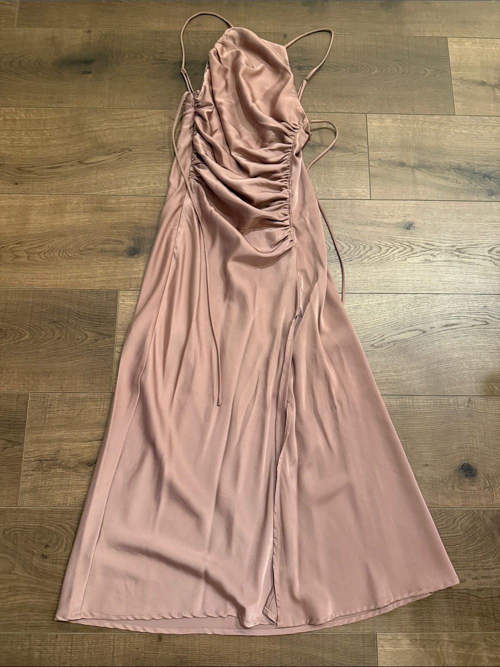 Astr Satin Ruched Maxi Dress in Blush